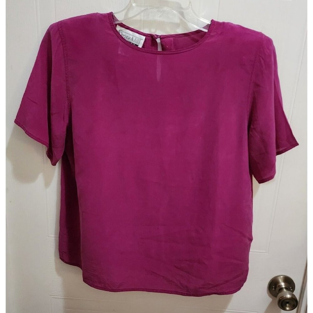 Vtg Christie & Jill Top 100%‎ Silk Women's Blouse Solid Pink Classic Sz Petite L